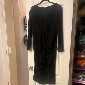 Express Sophisticated Black Gathered Long Sleeve Dress